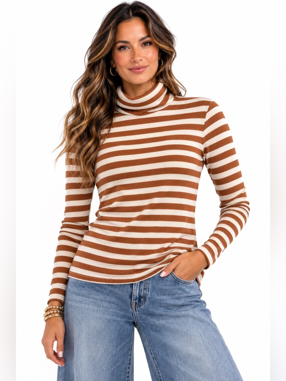 LOFT Brown‎ Cream Striped Ribbed Turtleneck Long Sleeve Top Women’s L Coastal